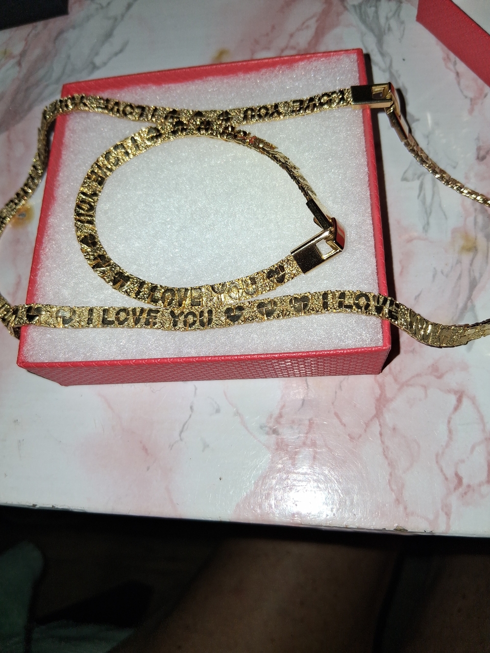 Vintage Source Unknown Gold Tone "I LOVE YOU" Textured Necklace Set